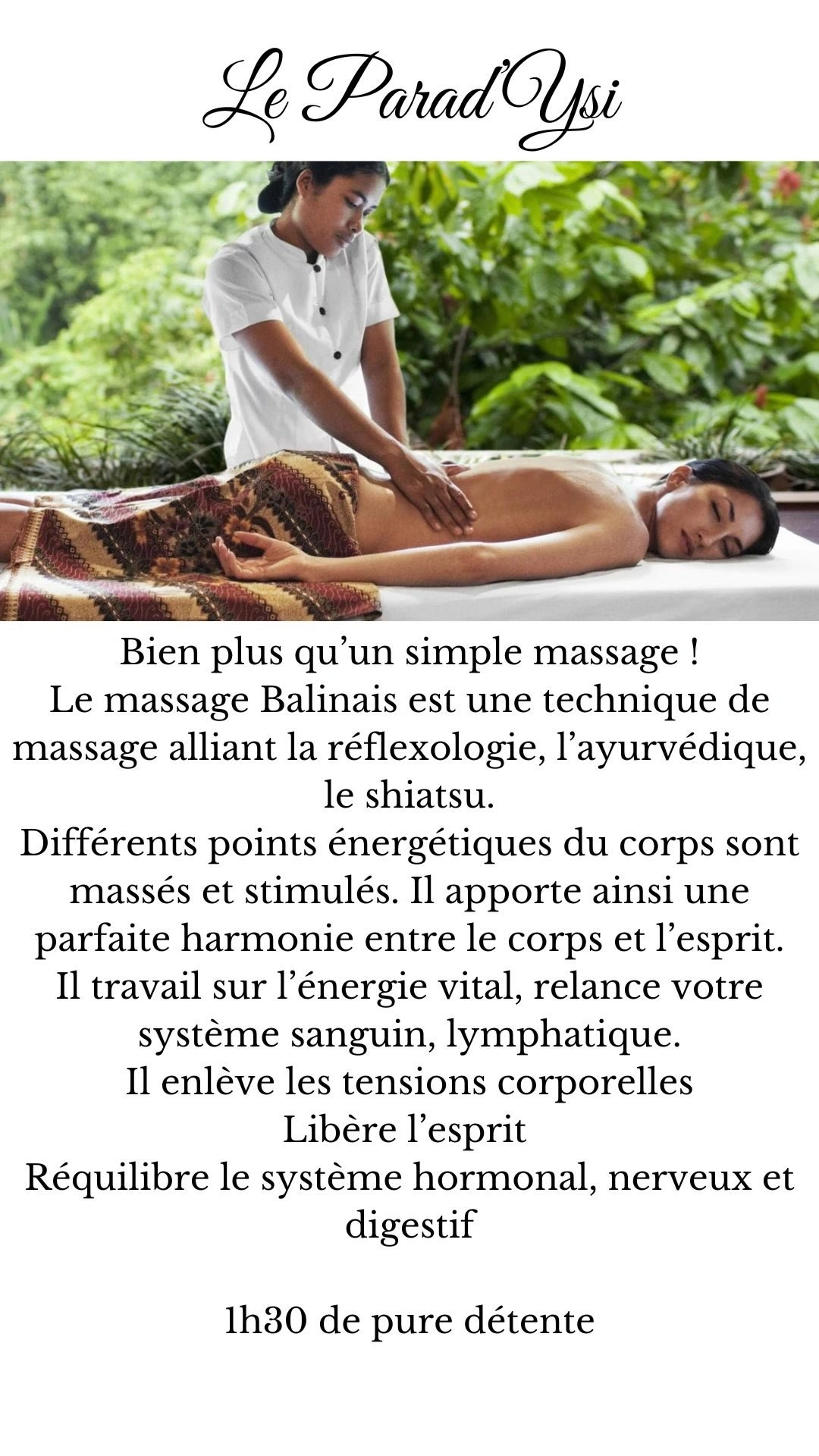 La présentation du massage balinais transmise par Ysidia · Document de présentation : tarifs et formules à confirmer.