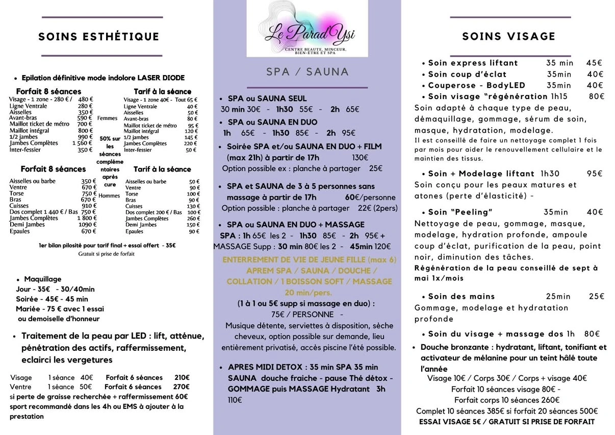 La carte des soins esthétiques, visage et spa / sauna · Document de présentation : tarifs et formules à confirmer.