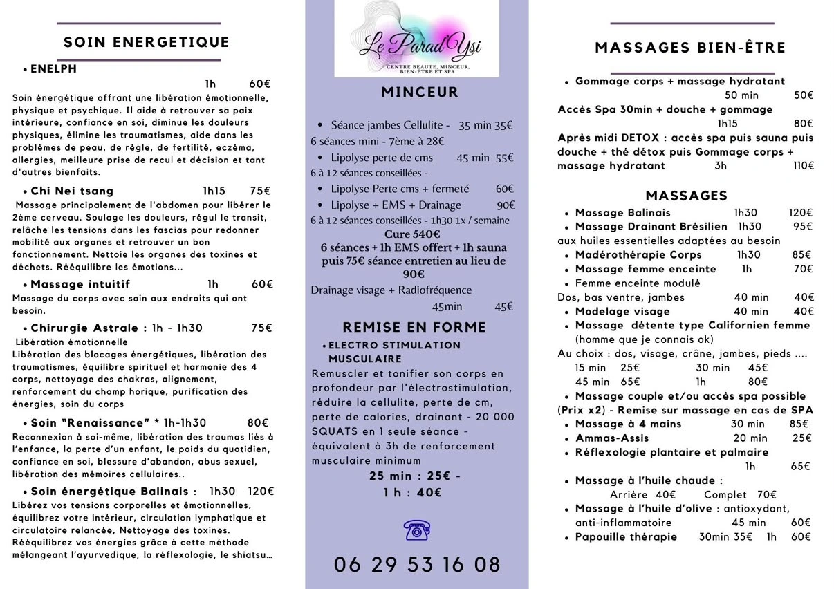 La carte des soins énergétiques, minceur et massages · Document de présentation : tarifs et formules à confirmer.